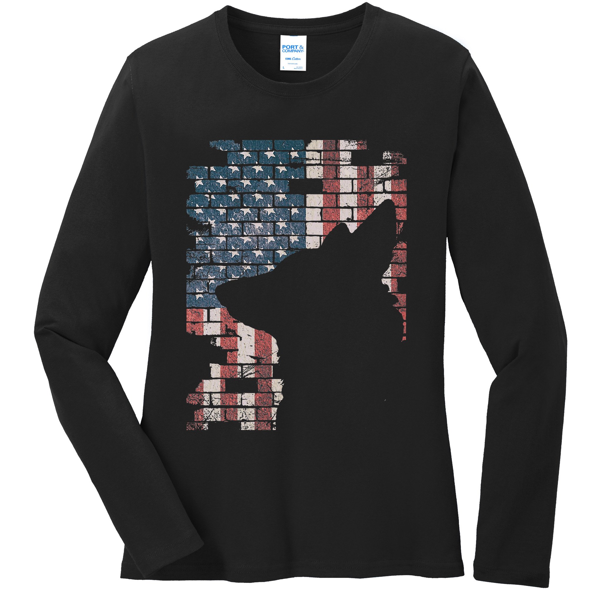 Police Officer K9 Dog Shep Pd American Flag Silhouette Ladies Long Sleeve Shirt