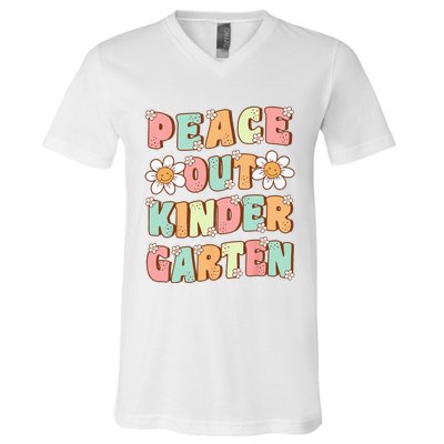 Peace Out Kindergarten Cute Groovy Last Day of Kindergarten V-Neck T-Shirt