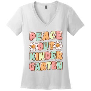 Peace Out Kindergarten Cute Groovy Last Day of Kindergarten Women's V-Neck T-Shirt