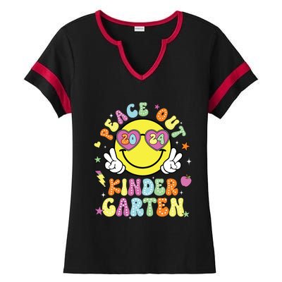 Peace Out Kindergarten Cute Groovy Last Day Of Kindergarten Ladies Halftime Notch Neck Tee