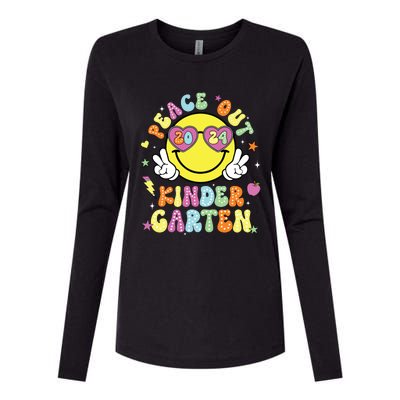 Peace Out Kindergarten Cute Groovy Last Day Of Kindergarten Womens Cotton Relaxed Long Sleeve T-Shirt