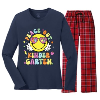 Peace Out Kindergarten Cute Groovy Last Day Of Kindergarten Women's Long Sleeve Flannel Pajama Set 