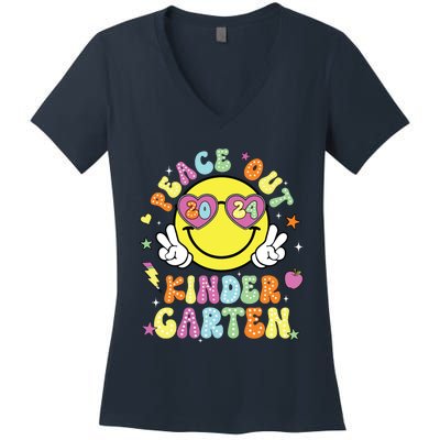 Peace Out Kindergarten Cute Groovy Last Day Of Kindergarten Women's V-Neck T-Shirt