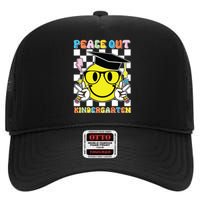 Peace Out Kindergarten Last Day Of School Smile Face High Crown Mesh Back Trucker Hat