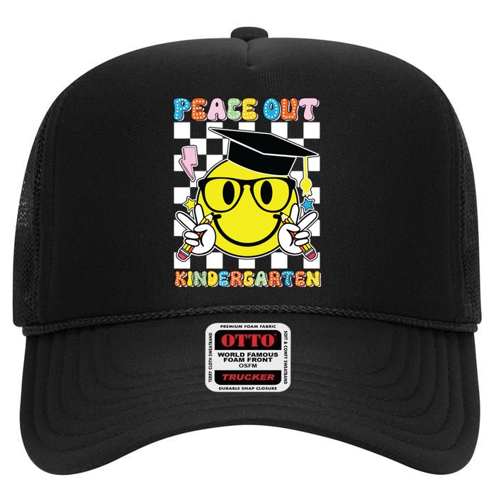 Peace Out Kindergarten Last Day Of School Smile Face High Crown Mesh Back Trucker Hat