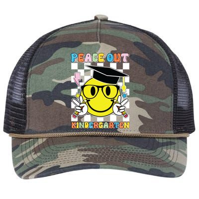 Peace Out Kindergarten Last Day Of School Smile Face Retro Rope Trucker Hat Cap