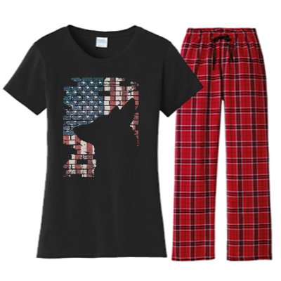 Police Officer K9 Dog Shep PD American Flag Silhouette Print Women's Flannel Pajama Set