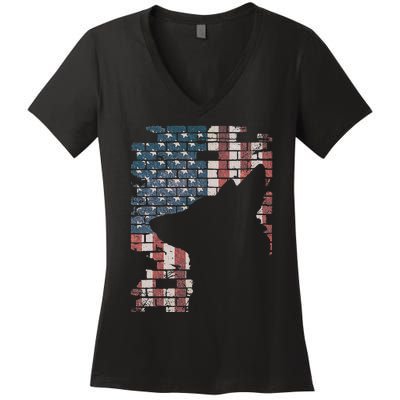 Police Officer K9 Dog Shep PD American Flag Silhouette Print Women's V-Neck T-Shirt