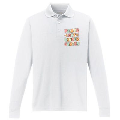 Peace Out Kindergarten Cute Groovy Last Day of Kindergarten Performance Long Sleeve Polo