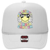 Peace Out Kindergarten Retro Smile Last Day Of School 2024 High Crown Mesh Back Trucker Hat