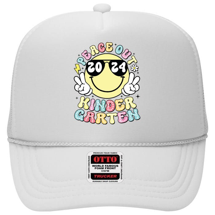 Peace Out Kindergarten Retro Smile Last Day Of School 2024 High Crown Mesh Back Trucker Hat