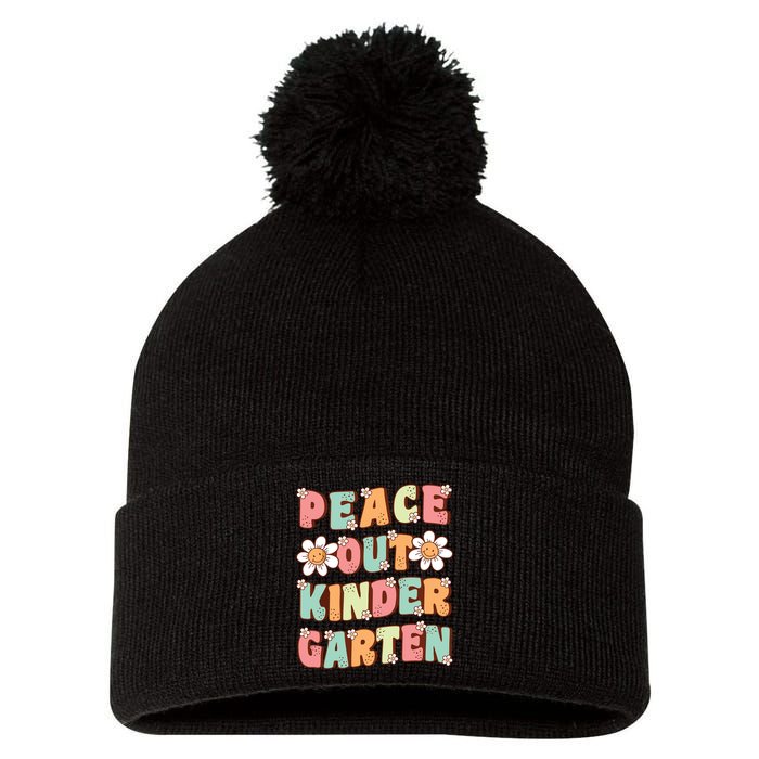 Peace Out Kindergarten Cute Groovy Last Day Of Kindergarten Pom Pom 12in Knit Beanie