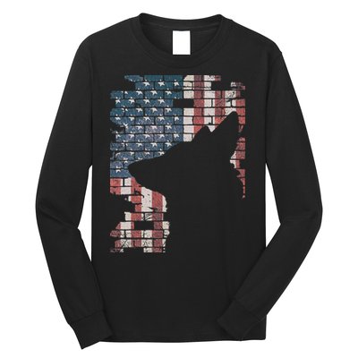 Police Officer K9 Dog Shep PD American Flag Silhouette Print Long Sleeve Shirt