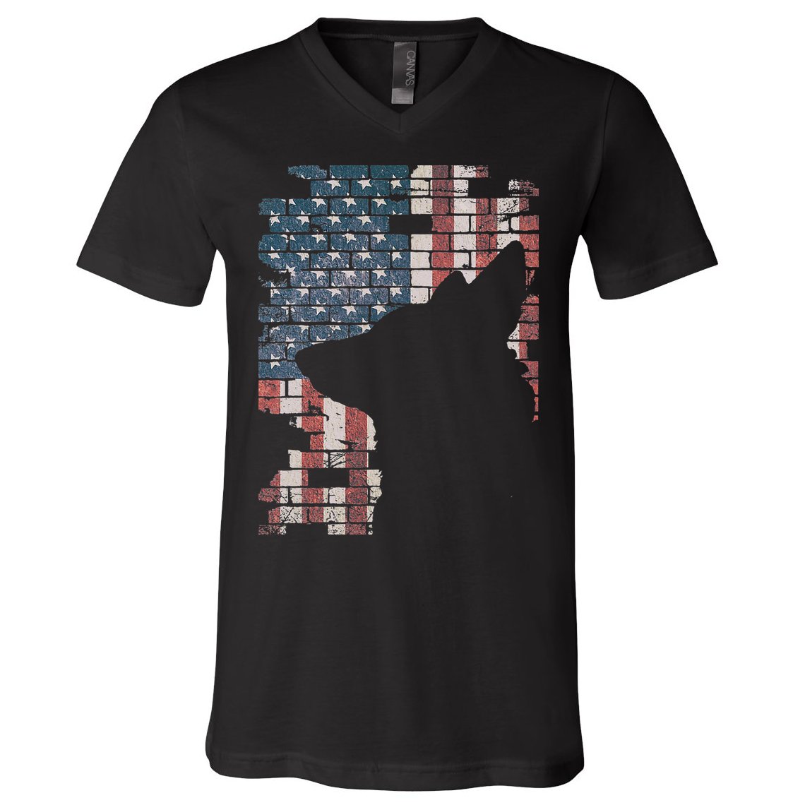 Police Officer K9 Dog Shep PD American Flag Silhouette Print V-Neck T-Shirt