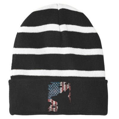 Police Officer K9 Dog Shep PD American Flag Silhouette Print Striped Beanie with Solid Band