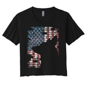 Police Officer K9 Dog Shep PD American Flag Silhouette Print Women's Crop Top Tee