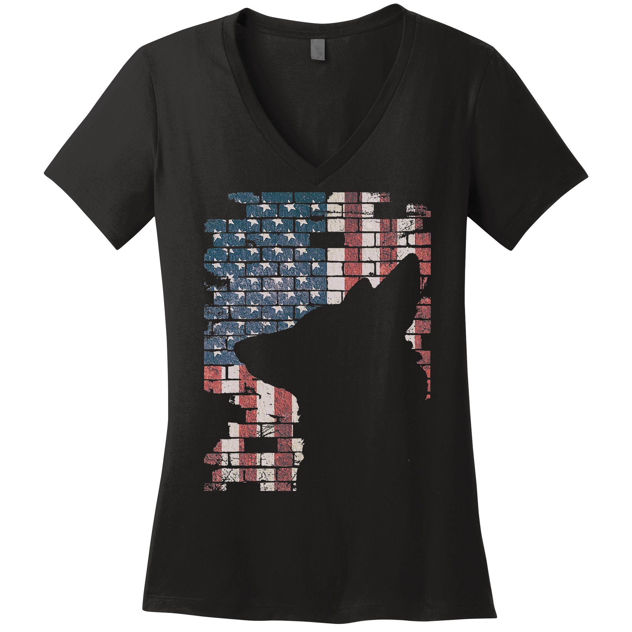 Police Officer K9 Dog Shep PD American Flag Silhouette Print Women's V-Neck T-Shirt