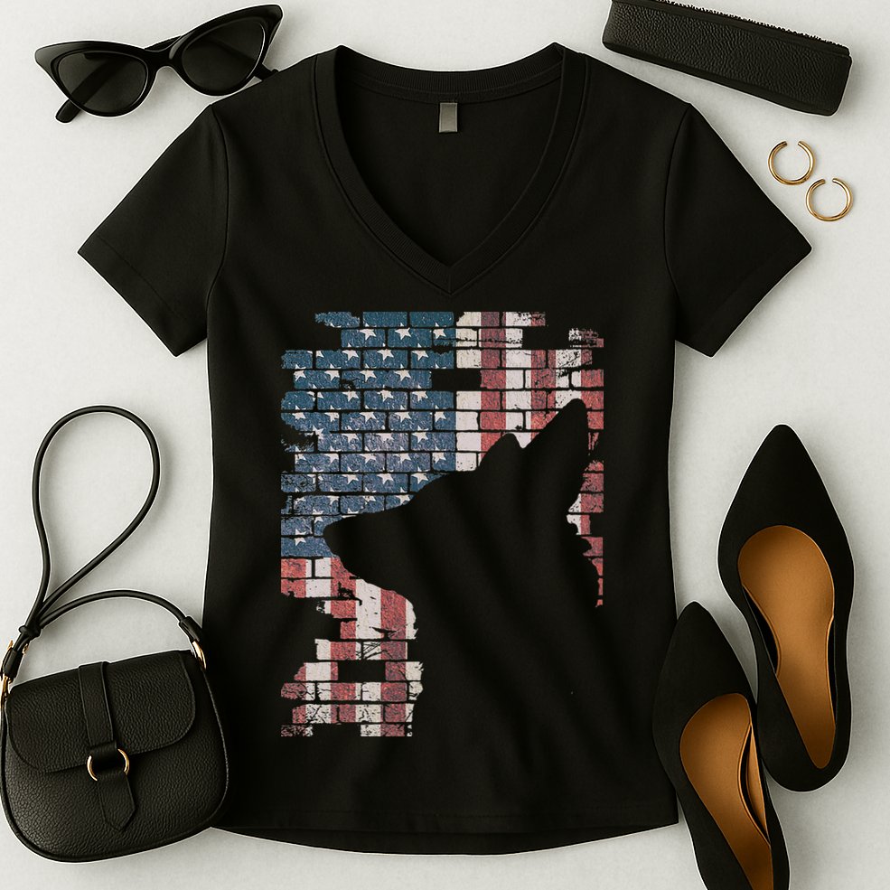 Police Officer K9 Dog Shep PD American Flag Silhouette Print Women's V-Neck T-Shirt