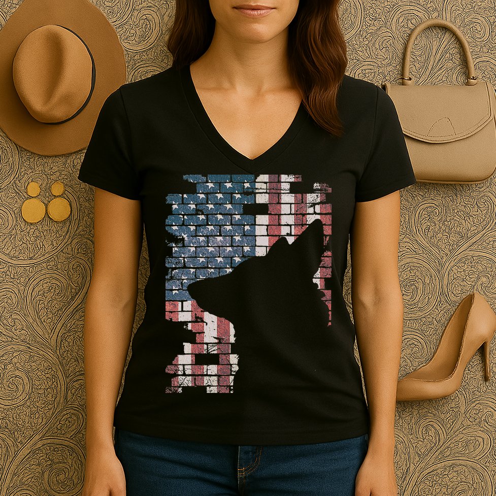Police Officer K9 Dog Shep PD American Flag Silhouette Print Women's V-Neck T-Shirt