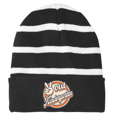 Peace Out Kindergarten Retro Graduation Class Of 2022 Gift Striped Beanie with Solid Band