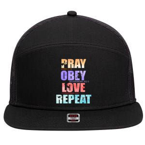 Pray Obey Love Repeat Christian Bible Quote 7 Panel Mesh Trucker Snapback Hat