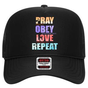 Pray Obey Love Repeat Christian Bible Quote High Crown Mesh Back Trucker Hat