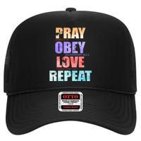 Pray Obey Love Repeat Christian Bible Quote High Crown Mesh Back Trucker Hat