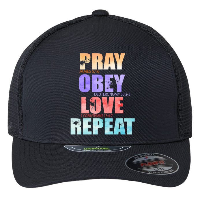 Pray Obey Love Repeat Christian Bible Quote Flexfit Unipanel Trucker Cap