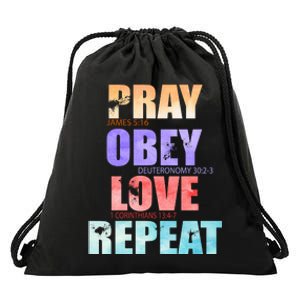 Pray Obey Love Repeat Christian Bible Quote Drawstring Bag