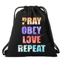 Pray Obey Love Repeat Christian Bible Quote Drawstring Bag