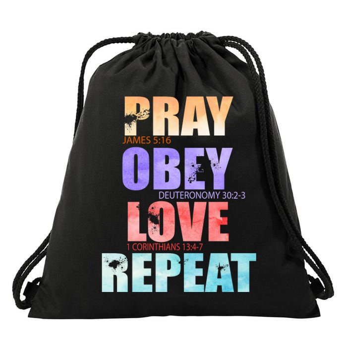 Pray Obey Love Repeat Christian Bible Quote Drawstring Bag