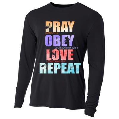 Pray Obey Love Repeat Christian Bible Quote Cooling Performance Long Sleeve Crew