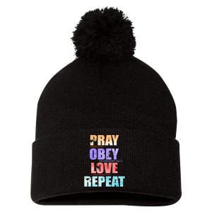 Pray Obey Love Repeat Christian Bible Quote Pom Pom 12in Knit Beanie