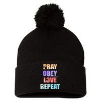 Pray Obey Love Repeat Christian Bible Quote Pom Pom 12in Knit Beanie