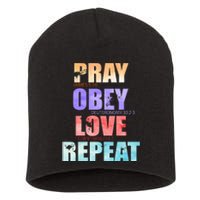 Pray Obey Love Repeat Christian Bible Quote Short Acrylic Beanie