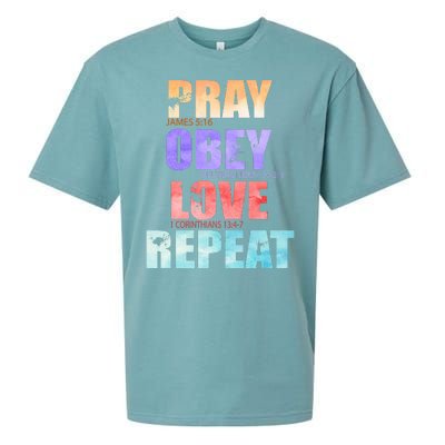 Pray Obey Love Repeat Christian Bible Quote Sueded Cloud Jersey T-Shirt