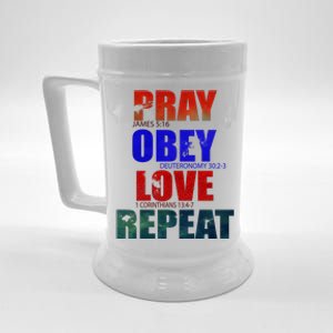 Pray Obey Love Repeat Christian Bible Quote Beer Stein