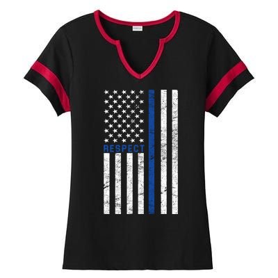 Police American Flag Respect The Blue Ladies Halftime Notch Neck Tee