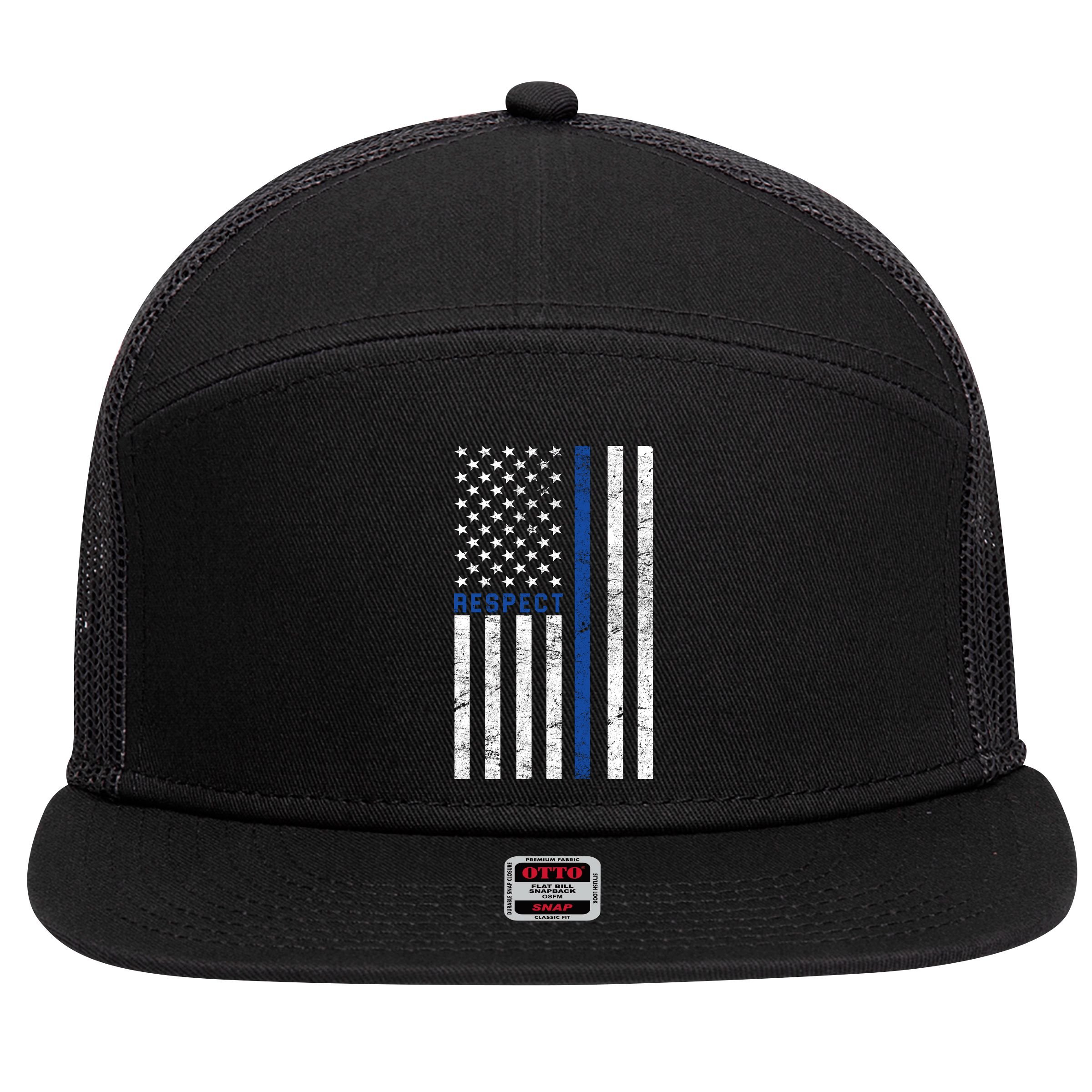 Police American Flag Respect The Blue 7 Panel Mesh Trucker Snapback Hat