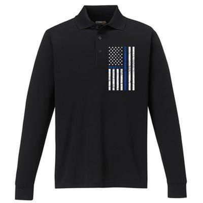 Police American Flag Respect The Blue Performance Long Sleeve Polo