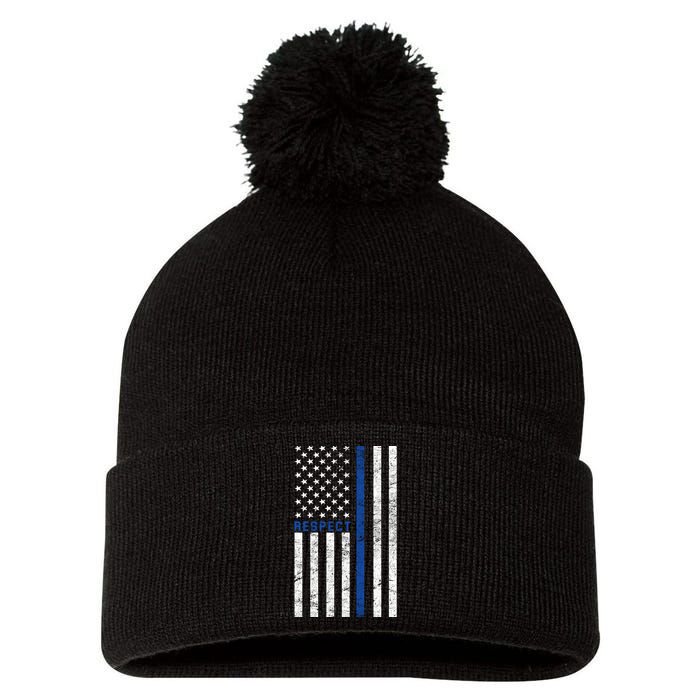 Police American Flag Respect The Blue Pom Pom 12in Knit Beanie