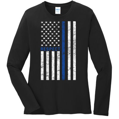 Police American Flag Respect The Blue Ladies Long Sleeve Shirt