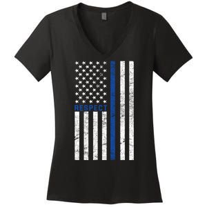 Police American Flag Respect The Blue Women's V-Neck T-Shirt