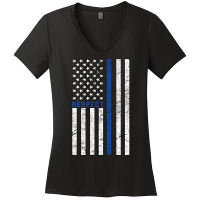 Police American Flag Respect The Blue Women's V-Neck T-Shirt