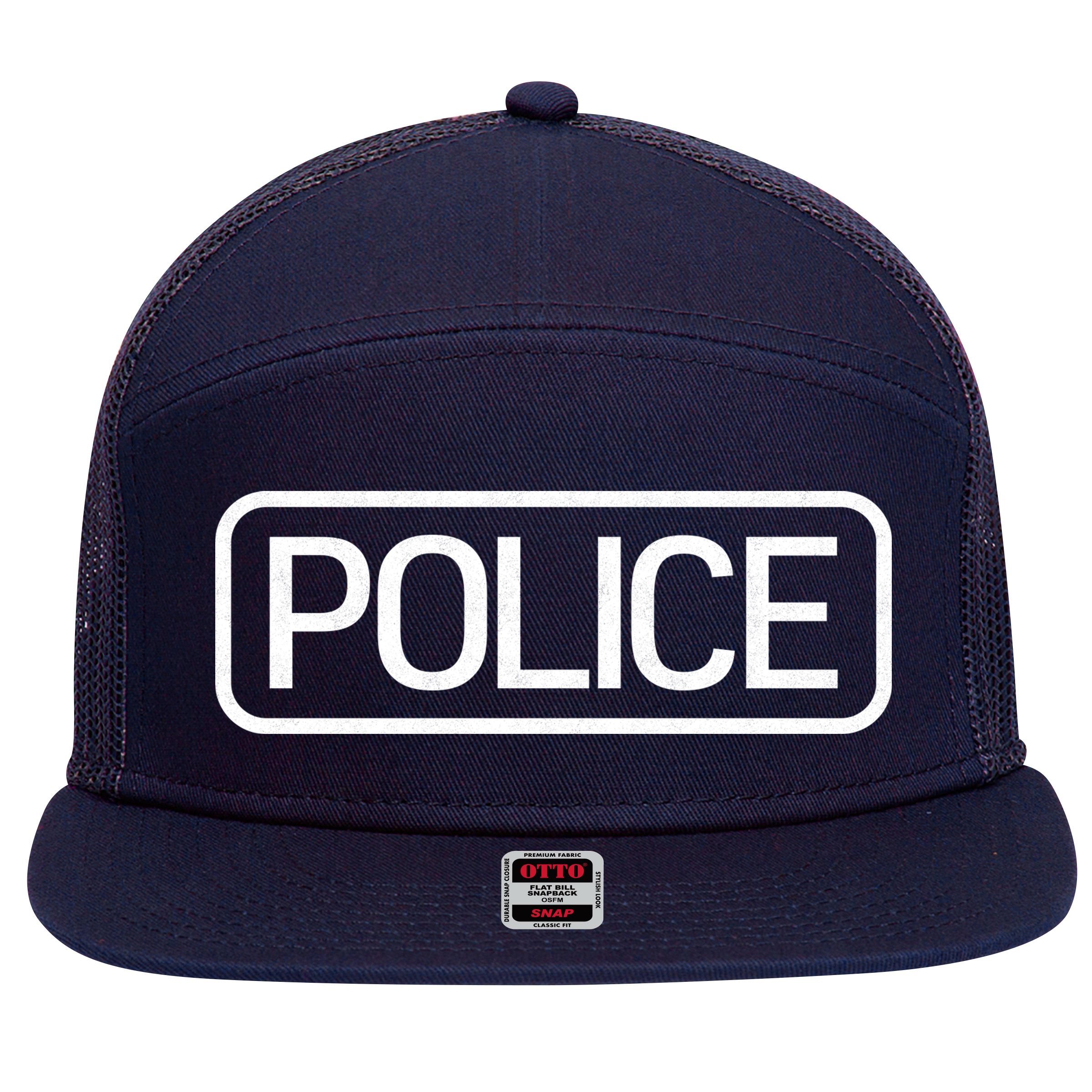Police Distressed Logo 7 Panel Mesh Trucker Snapback Hat