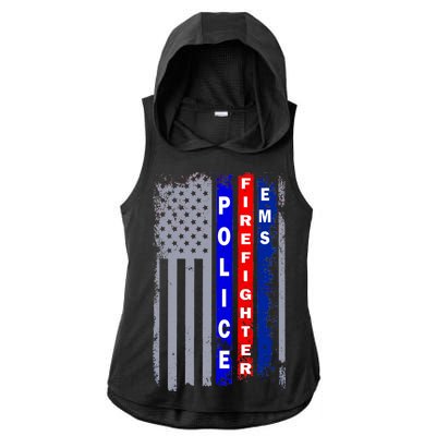 Police Firefighter EMS American Flag Ladies PosiCharge Tri-Blend Wicking Draft Hoodie Tank