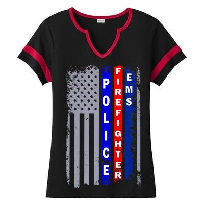 Police Firefighter EMS American Flag Ladies Halftime Notch Neck Tee