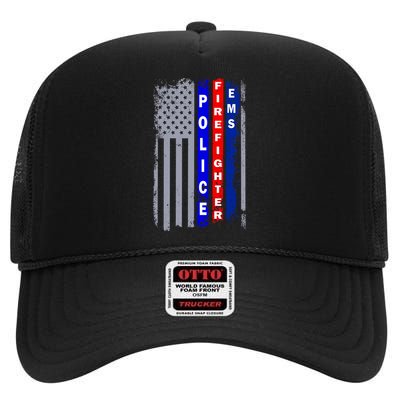 Police Firefighter EMS American Flag High Crown Mesh Back Trucker Hat