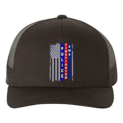 Police Firefighter EMS American Flag Yupoong Adult 5-Panel Trucker Hat