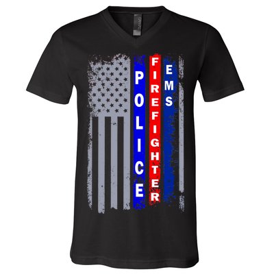 Police Firefighter EMS American Flag V-Neck T-Shirt